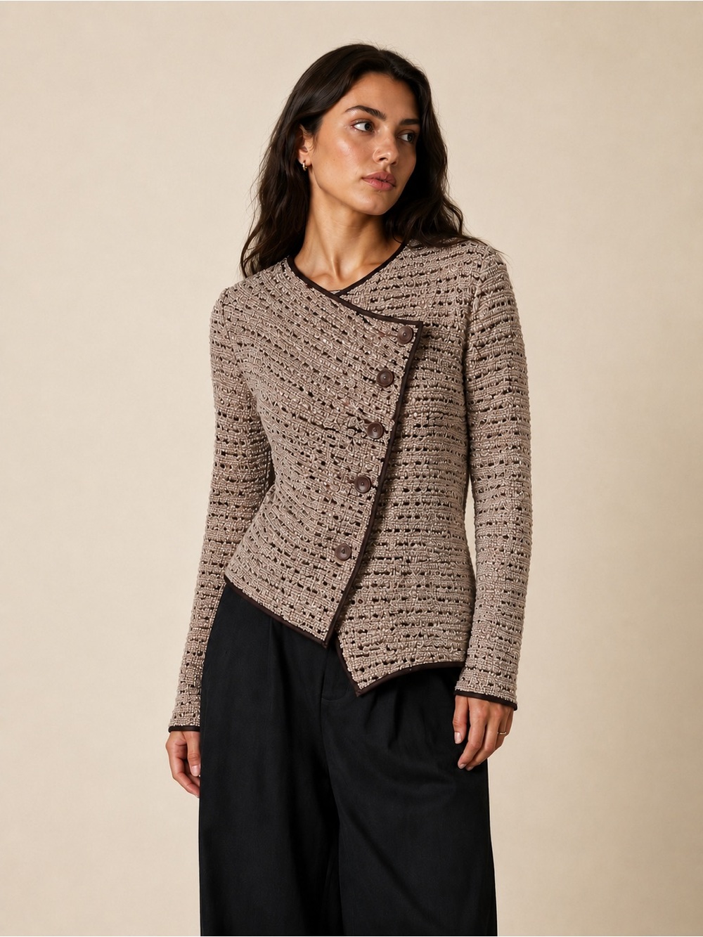 Alberto Makali Asymmetrical Boucle Knit Cardigan Tweed Texture.  Large